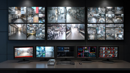 A high-tech control room featuring multiple surveillance monitors showcasing various urban scenes at night. This image illustrates the importance of security and monitoring in modern city environments.の素材