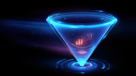 A mesmerizing futuristic holographic cone shape illuminated by glowing edges, featuring dynamic digital elements, perfect for technology-themed visuals and design projects.の素材