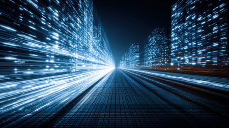 This captivating image features a dynamic cityscape at night, showcasing vibrant light trails that symbolize speed and innovation in a futuristic setting.の素材