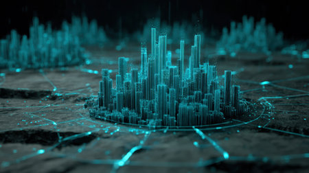 This image features a futuristic cityscape with glowing neon lights, abstract digital elements, and a captivating dark background, ideal for tech themes.の素材