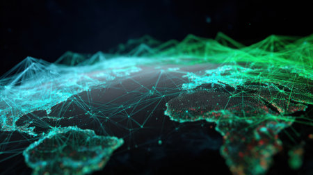 This visually striking image represents an abstract depiction of network connections across a 3D globe, symbolizing global communication and data flow.の素材