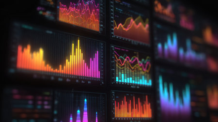 Dynamic and colorful data visualization featuring graphs and charts, perfect for financial analysis, business insights, and reporting metrics.の素材