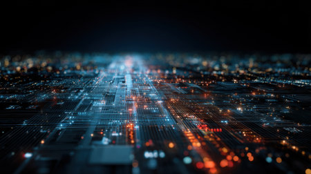 This abstract image showcases a dynamic data visualization with illuminated lines and lights, creating a sense of depth and modern technological aesthetics.の素材