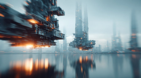 A captivating view of a futuristic cityscape where floating structures hover above a reflective body of water, enveloped in a misty dawn atmosphere.の素材