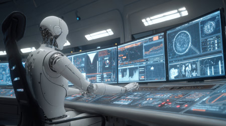 A humanoid robot sits in a futuristic control room, engaging with multiple digital screens displaying complex data and visualizations, symbolizing advanced technology.の素材