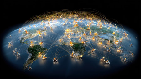 A stunning visual representation of the Earth showcasing global network connections with illuminated nodes, symbolizing communication and interaction across continents.の素材