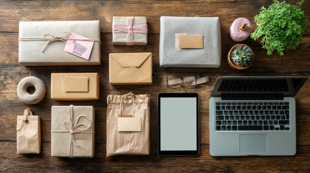 A cozy workspace featuring an assortment of neatly wrapped gift boxes, a laptop, and small plants on a wooden table, ideal for holiday planning or e-commerce activities.の素材