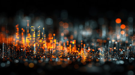 This image features an abstract digital landscape with shimmering light trails and vivid bokeh effects, creating a vibrant and dynamic atmosphere.の素材