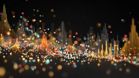 This stunning abstract image showcases vibrant digital particles and sound waves, creating a dynamic and energetic atmosphere perfect for creative projects.の素材
