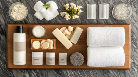 Flat lay of branded hotel room amenities including soaps, creams, and towels arranged on spa-style trayの素材