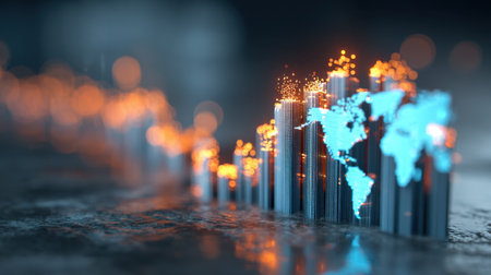 This captivating visualization showcases an abstract representation of financial data with glowing bar graphs and a world map, illustrating market trends and analysis.の素材