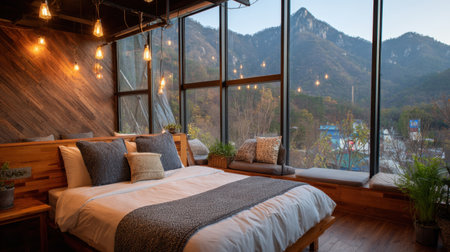 This cozy modern bedroom features a breathtaking mountain view with warm ambient lighting, creating a serene and inviting atmosphere perfect for relaxation.の素材