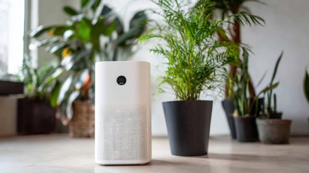 A sleek air purifier stands prominently in a bright room, surrounded by lush houseplants, enhancing indoor air quality and promoting a healthy lifestyle.の素材