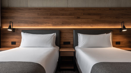A tranquil hotel bedroom showcases two twin beds against a stylish wooden wall, featuring soft lighting that creates a cozy and modern atmosphere.の素材