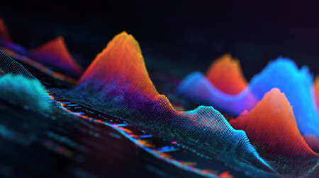 This stunning digital artwork features abstract colorful sound waves with vibrant peaks and valleys, creating a dynamic and energetic visual representation.の素材