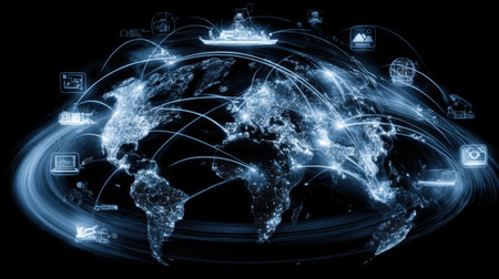 This captivating image showcases a digital network connecting various regions of the world, highlighted with glowing icons representing technology and communication.の素材