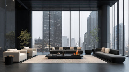Modern urban living room featuring stylish furniture with a breathtaking city view through expansive windows, perfect for inspiring contemporary living.の素材