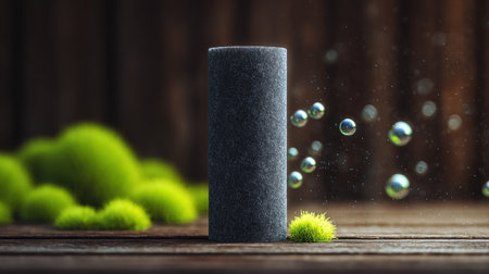 A gray textile object stands centrally surrounded by vibrant green moss and ethereal bubbles, creating a serene and artistic atmosphere on a wooden surface.の素材