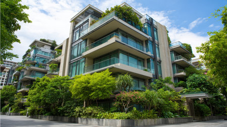 A stunning modern apartment building featuring balconies adorned with vibrant greenery, set against a bright blue sky, epitomizing contemporary urban living.の素材