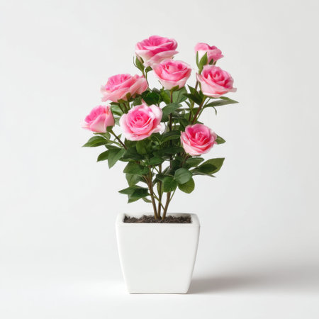 This stunning arrangement of pink roses in a modern white pot adds a touch of elegance to any indoor space, enhancing home decor and creating a tranquil atmosphere.の素材