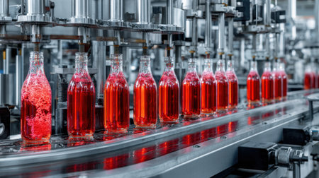 This image showcases a sleek industrial production line with bottles filled with a vivid red beverage. The advanced machinery highlights modern manufacturing processes.の素材