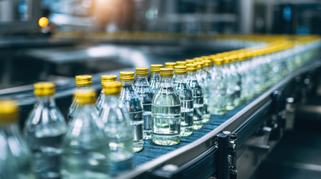 A detailed view of bottled water production, showcasing clear bottles with yellow caps on a conveyor belt in a modern industrial factory environment.の素材