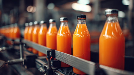 Fresh orange juice bottles travel down a production line in a modern factory, highlighting efficient manufacturing and quality beverage processing.の素材