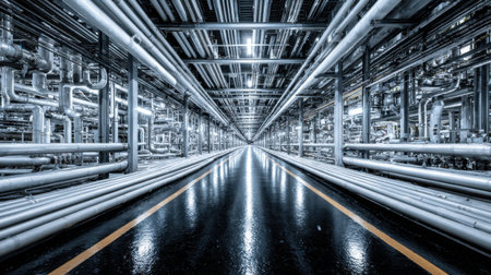 Captivating view of a meticulous industrial pipe network, showcasing sleek metal structures and reflections on the floor, symbolizing advanced engineering and industrial efficiency.の素材
