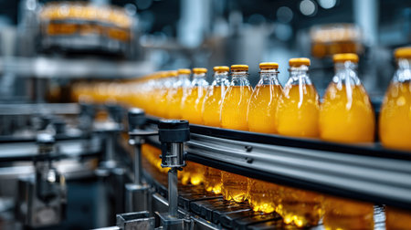 A vibrant scene showcasing a modern beverage manufacturing facility with fresh orange juice bottles moving along a conveyor belt, highlighting efficiency and technology in production.の素材