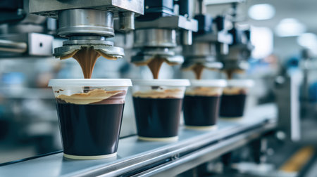 A dynamic view of a factory production line where creamy chocolate is being dispensed into clear dessert cups, highlighting the modern food manufacturing process.の素材
