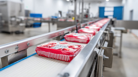 A close-up view of a conveyor belt transporting red packaged trays in a modern food processing facility, emphasizing the efficiency and technology of industrial food production.の素材