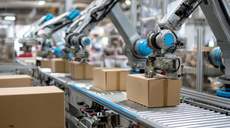 Advanced robotic arms efficiently package cardboard boxes on a modern production line, showcasing automation and technological innovation in warehouse operations.の素材
