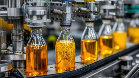 This image captures the dynamic bottling process of a golden drink, highlighting modern machinery and efficient workflow in a vibrant, industrial setting.の素材
