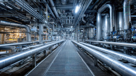 A captivating view of an industrial space showcasing an intricate layout of pipes and machinery. The well-lit environment highlights the complexity of the pipeline system.の素材