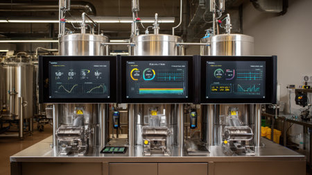 Modern brewery equipment featuring advanced control panels for real-time monitoring and efficient processes, highlighting the integration of technology in beverage production.の素材