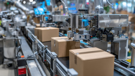 This image showcases a high-tech automated packaging system in a warehouse, featuring robotic arms working on a conveyor line. The setup enhances efficiency and productivity.の素材