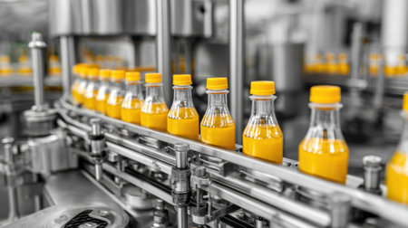 This image showcases a factory production line featuring vibrant orange juice bottles. The scene highlights industrial machinery, emphasizing the beverage manufacturing process.の素材