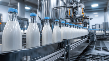This image showcases bottles of fresh milk as they travel along an automated production line in a modern dairy factory, emphasizing efficiency and technology in manufacturing.の素材