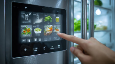 A close-up view of a modern kitchen refrigerator featuring a touchscreen interface. A person selects food options and recipes, highlighting technological convenience in daily cooking.の素材