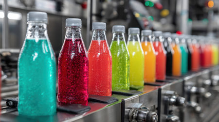 A captivating display of colorful soft drink bottles lined up on a production line, highlighting the modern beverage manufacturing process and vibrant liquid variations.の素材