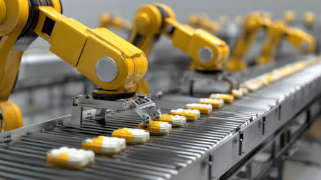 This image showcases robotic arms working on a conveyor belt in a modern factory. It illustrates the efficiency and precision of automation in industrial production processes.の素材