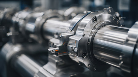 This image showcases a close-up view of industrial metal pipes and connectors in a modern manufacturing facility, highlighting the intricate designs and engineering excellence.の素材