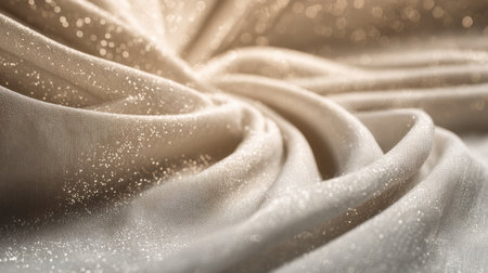 This close-up image features a textured fabric background with soft drapery and delicate glitter sparkles, perfect for creating an elegant and sophisticated atmosphere in designs.の素材