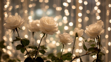 Delicate white roses bloom beautifully, creating a serene atmosphere against a backdrop of twinkling lights, perfect for romantic settings or elegant occasions.の素材