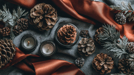 A soothing autumn scene featuring pinecones, candles, and soft fabrics. This image creates a warm and inviting atmosphere ideal for seasonal decor inspiration and rustic settings.の素材