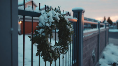 A close-up view of a snow-covered wreath hanging on a metal fence, capturing the serene beauty of winter in a suburban neighborhood at sunset.の素材