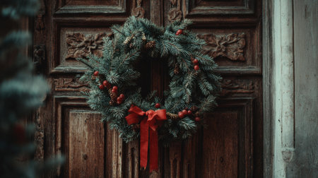 A beautifully crafted Christmas wreath featuring rich greens, vibrant red berries, and natural pine cones, perfect for enhancing festive home decor during the holiday season.の素材