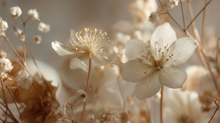 This serene image features a collection of soft beige and cream flowers alongside dried accents, creating a tranquil and elegant setting perfect for home decor inspiration.の素材