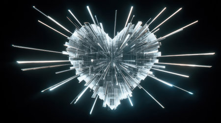 A stunning futuristic heart structure, radiating light beams in a dark space, featuring geometric elements and a vibrant design that embodies love and energy.の素材