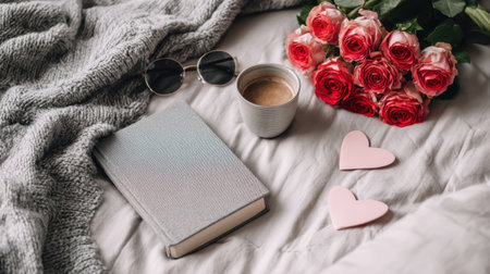 A cozy morning setup featuring a cup of coffee, fresh roses, an open book, and stylish sunglasses on a soft bed cover, creating a serene atmosphere for relaxation.の素材